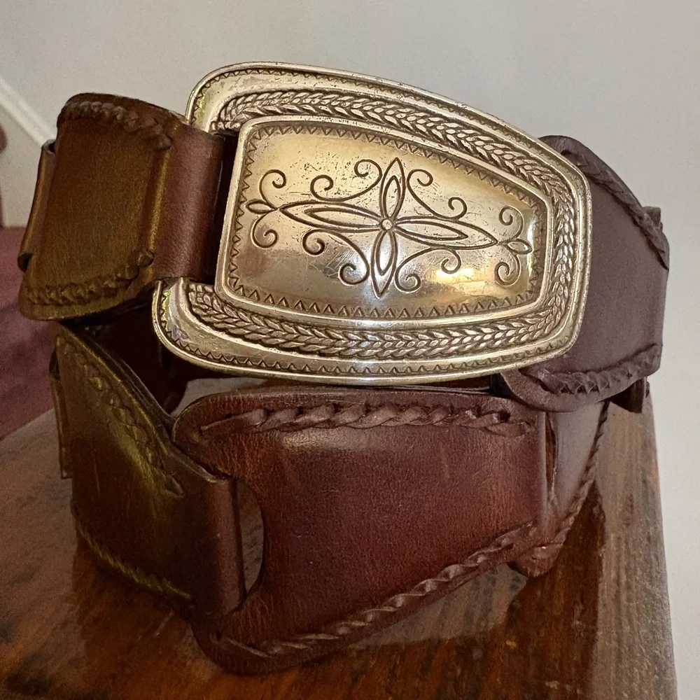 Vintage Brighton Brown Hinged Genuine Leather Belt Silver Buckle Western Coastal